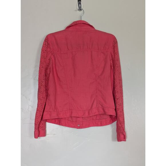 Chicos Jacket Womens‎ Medium Linen Cotton Lace Sleeve Pink Button Down Boho Chic - Picture 2 of 8